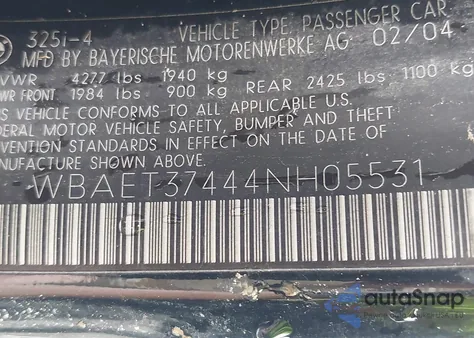 2004 BMW 325I from USA, damaged, VIN WBAET37444NH05531